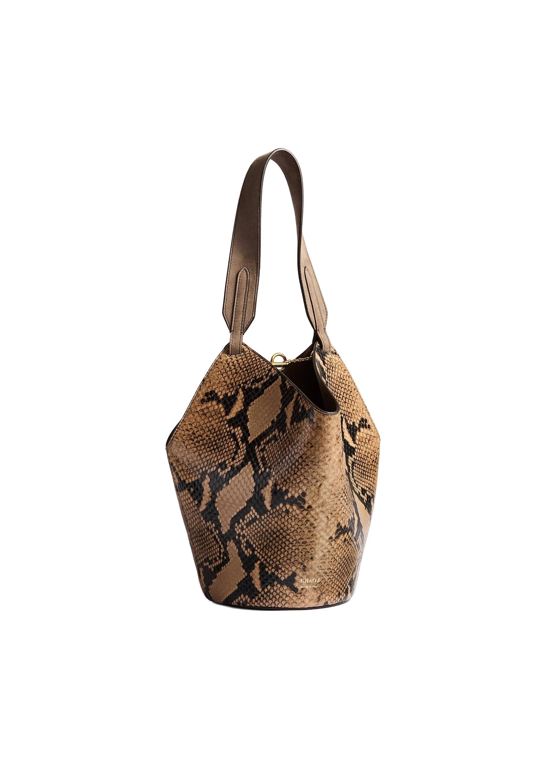 Khaite Mini Lotus Tote in Python-Embossed Taupe and Morning Dove | Buy Bags at Luxury Shoes Khaite Mini Lotus Tote in Python-Embossed Taupe and Morning Dove