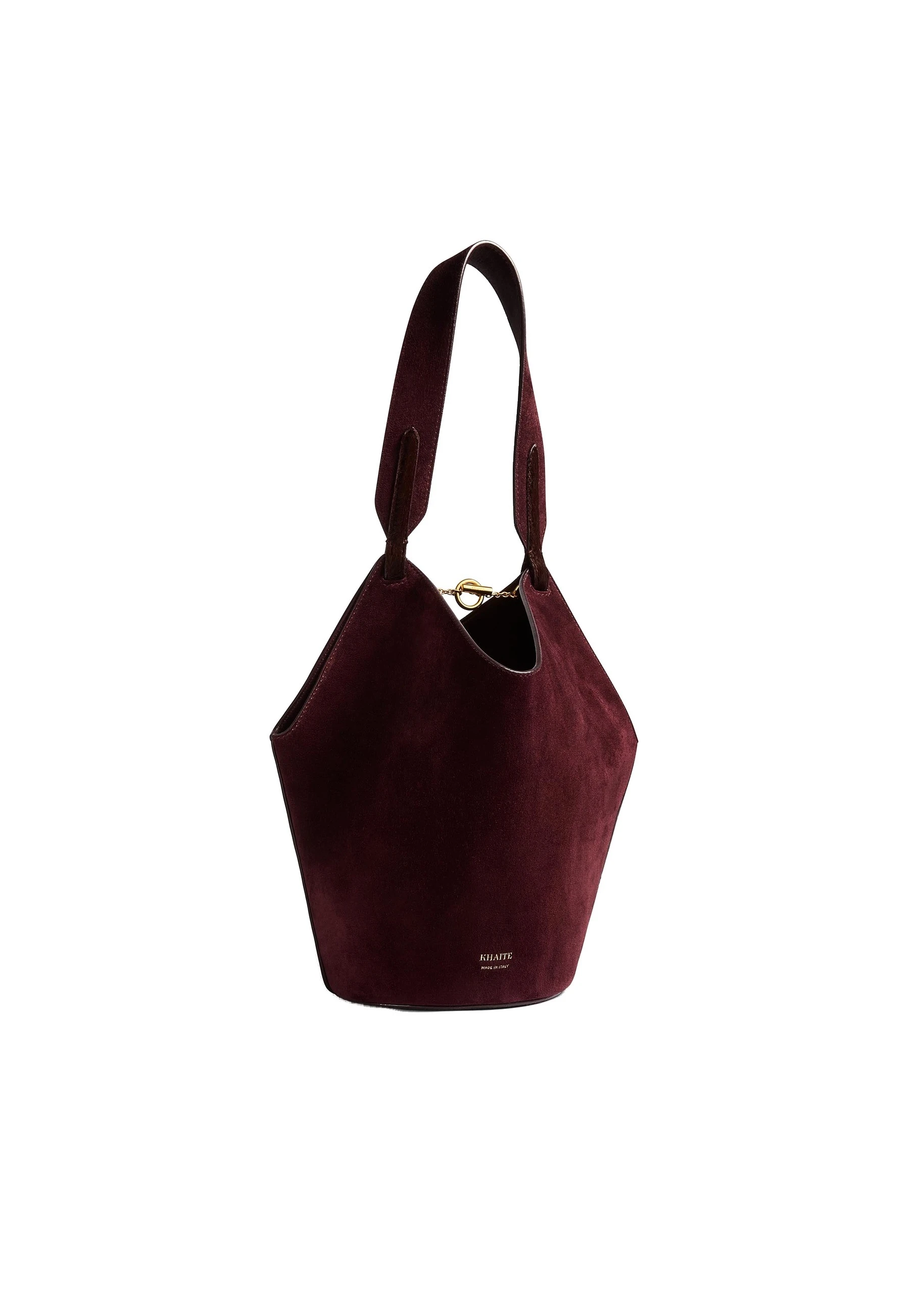 Khaite Mini Lotus Tote in Rouge Noir Suede and Haircalf | Buy Bags at Luxury Shoes Khaite Mini Lotus Tote in Rouge Noir Suede and Haircalf