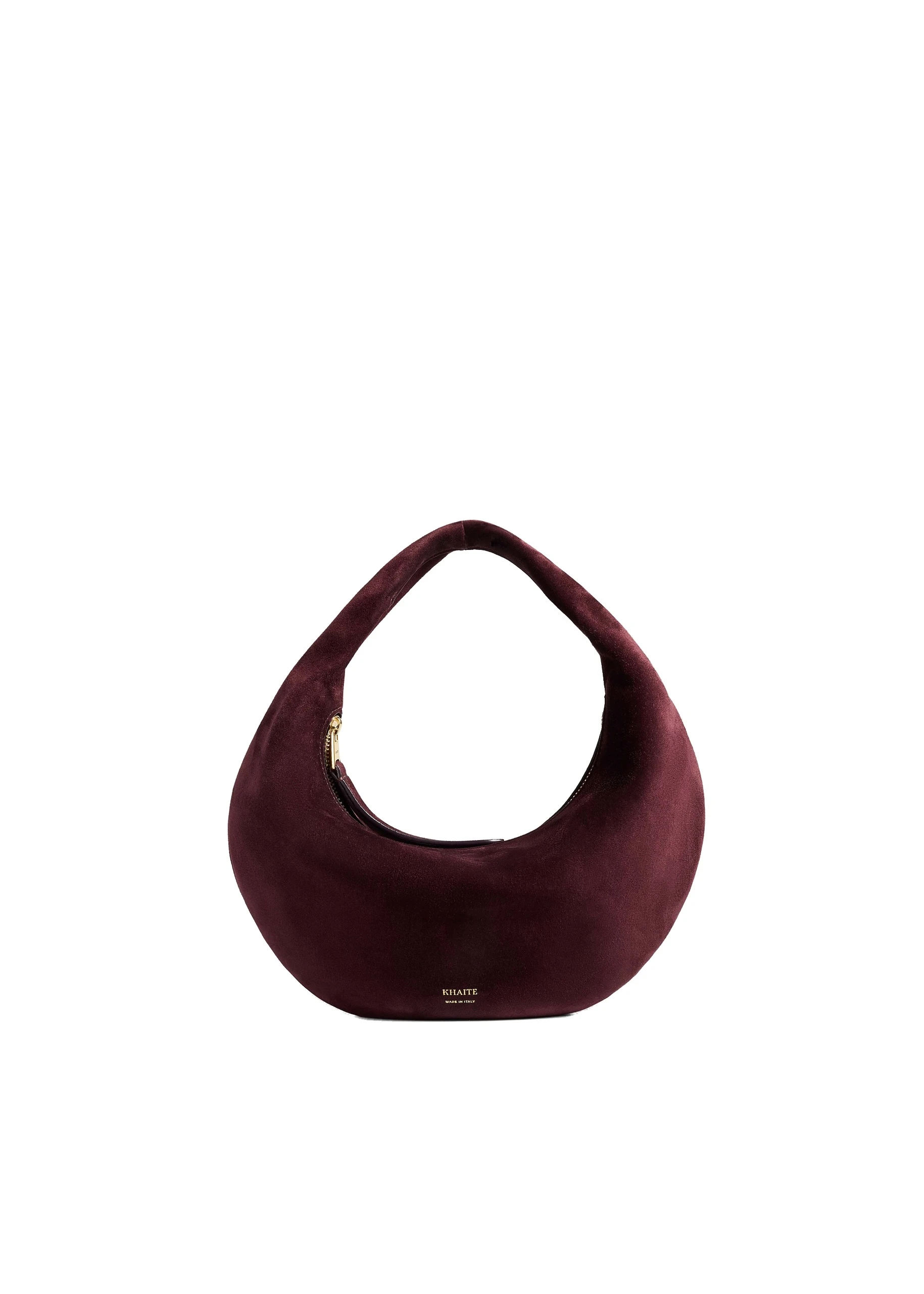 Khaite Mini Olivia Hobo in Rouge Noir Suede | Buy Bags at Luxury Shoes Khaite Mini Olivia Hobo in Rouge Noir Suede