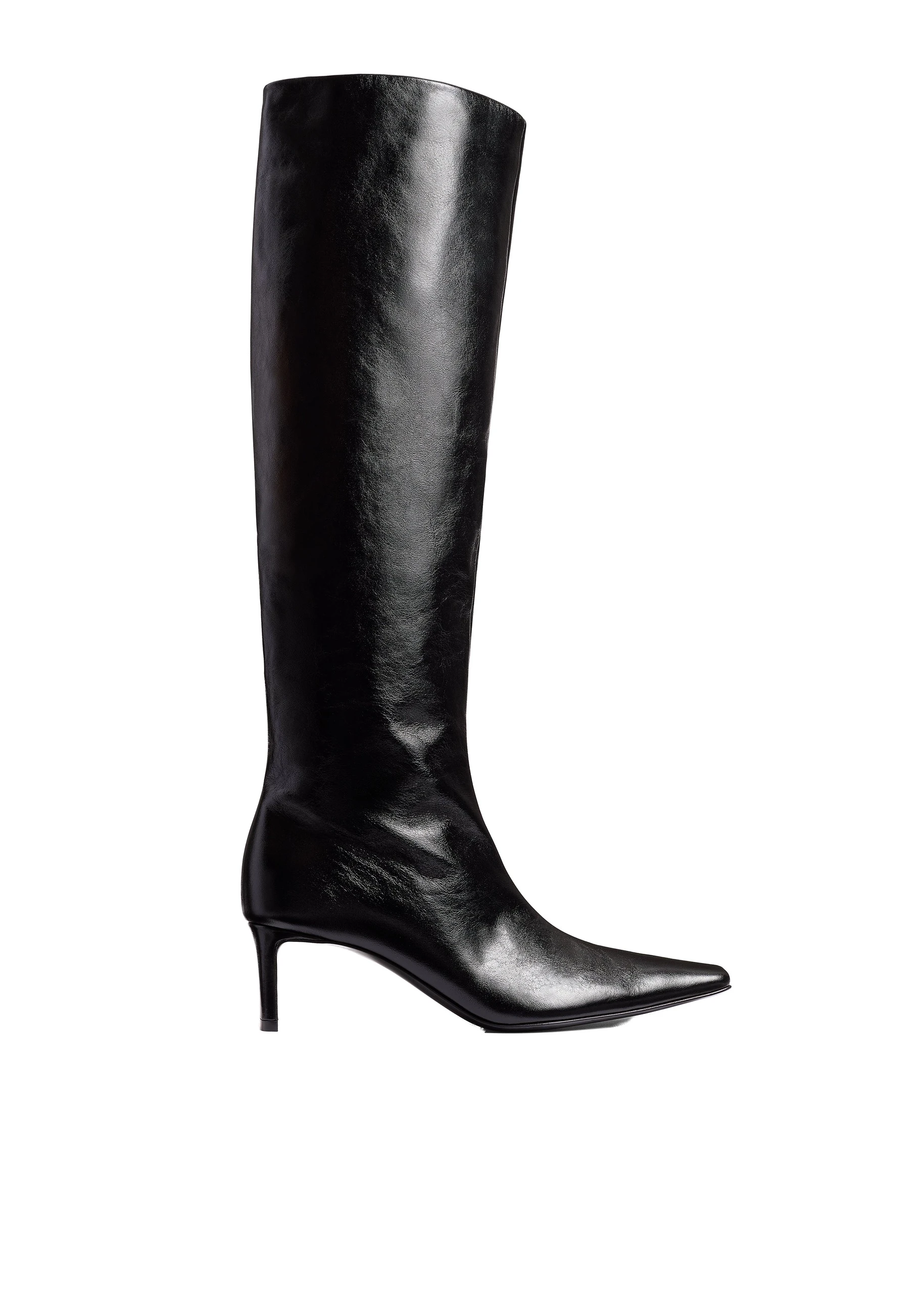 Khaite Ona Knee-High Boot in Black Glazed Leather | Buy Shoes at Luxury Shoes Khaite Ona Knee-High Boot in Black Glazed Leather