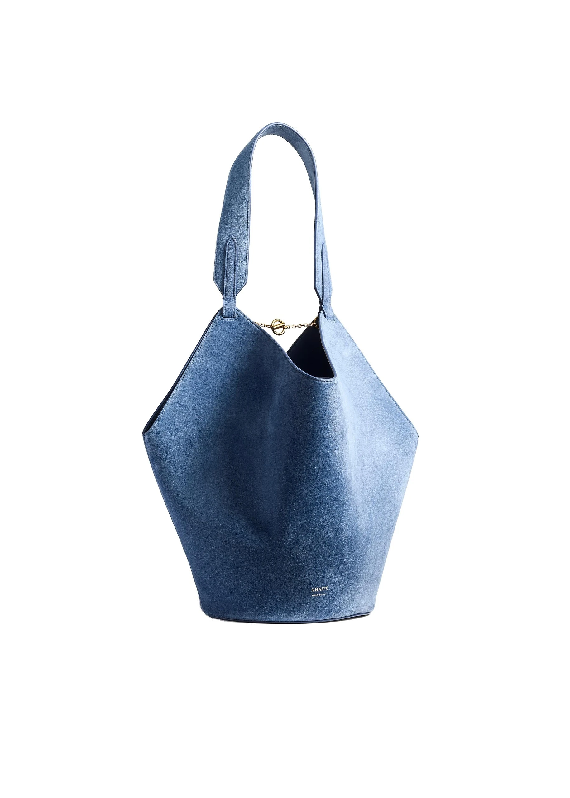 Khaite Small Lotus Tote in Cloud Iris Suede | Buy Bags at Luxury Shoes Khaite Small Lotus Tote in Cloud Iris Suede