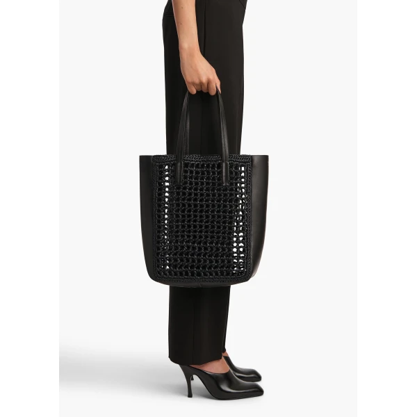 Small Zoe Tote in Black Raffia with Black Leather - Image 5