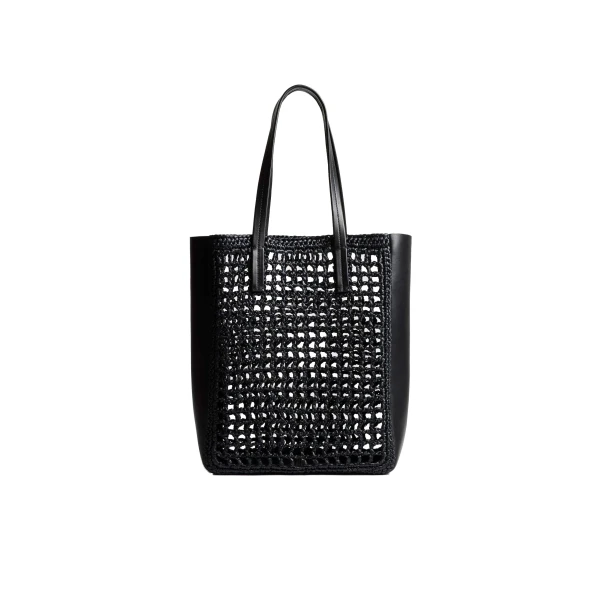 Small Zoe Tote in Black Raffia with Black Leather