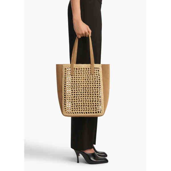 Small Zoe Tote in Natural Raffia with Mud Suede - Image 5
