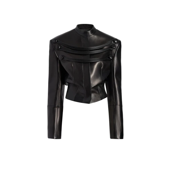 York Jacket with Cord Embroidery in Black Leather