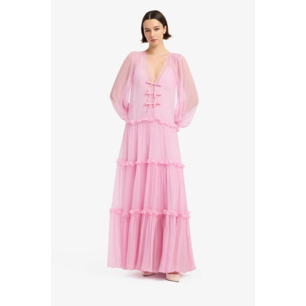 Leo Lin Teresa Bow Tiered Maxi Dress in Pink view 3