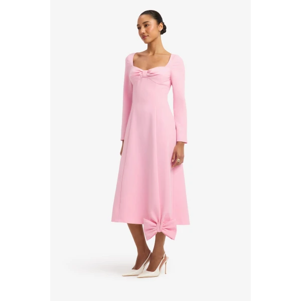 Leo Lin Erika Twist Bodice Bow Midi Dress in Pink view 4