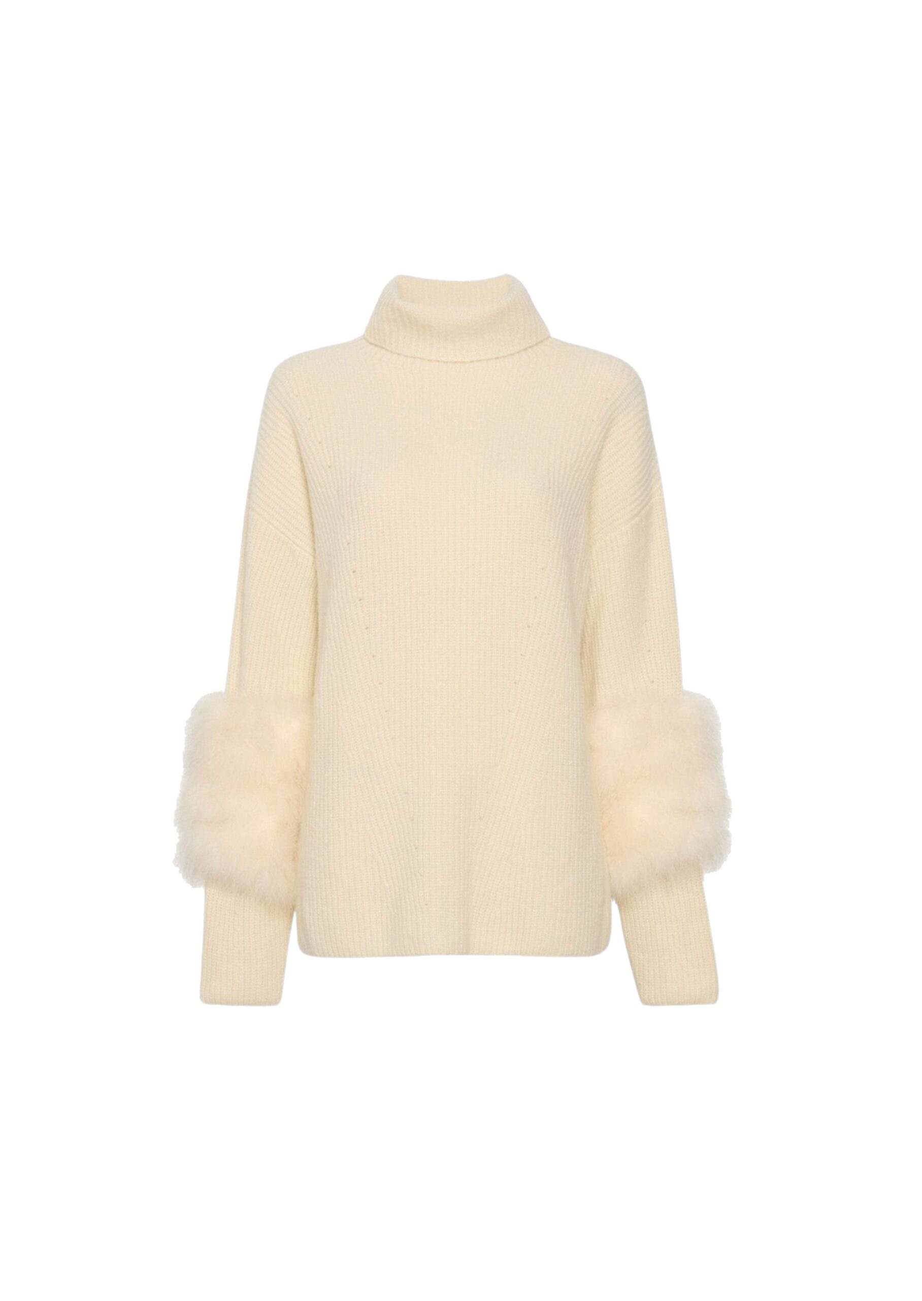 Airy Cashmere Silk Turtleneck With Marabou Feathers in Cream