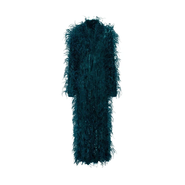Cascading Feather Embellished Coat in Dark Teal