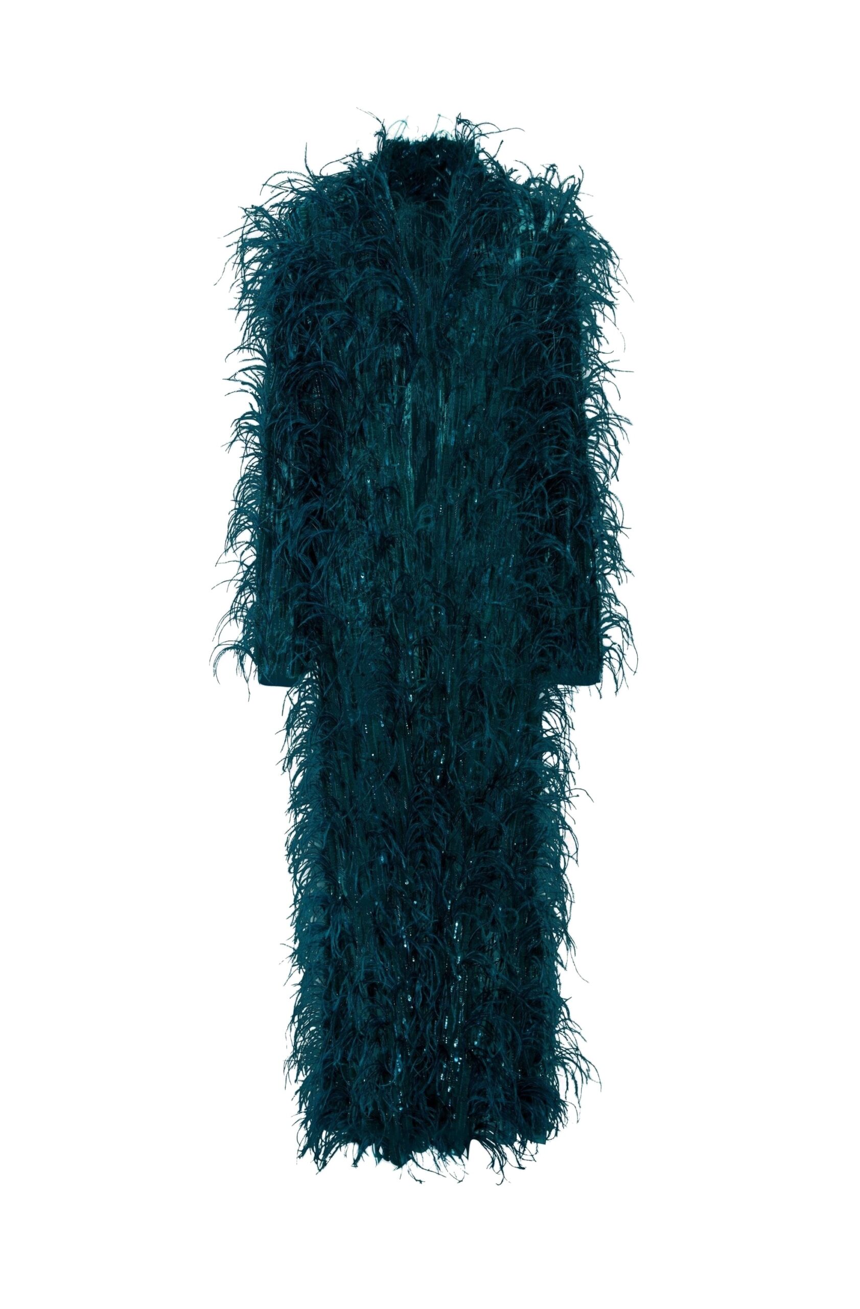 Cascading Feather Embellished Coat in Dark Teal