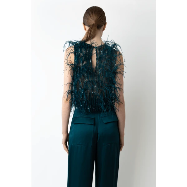 cascading feather embellished cropped tank