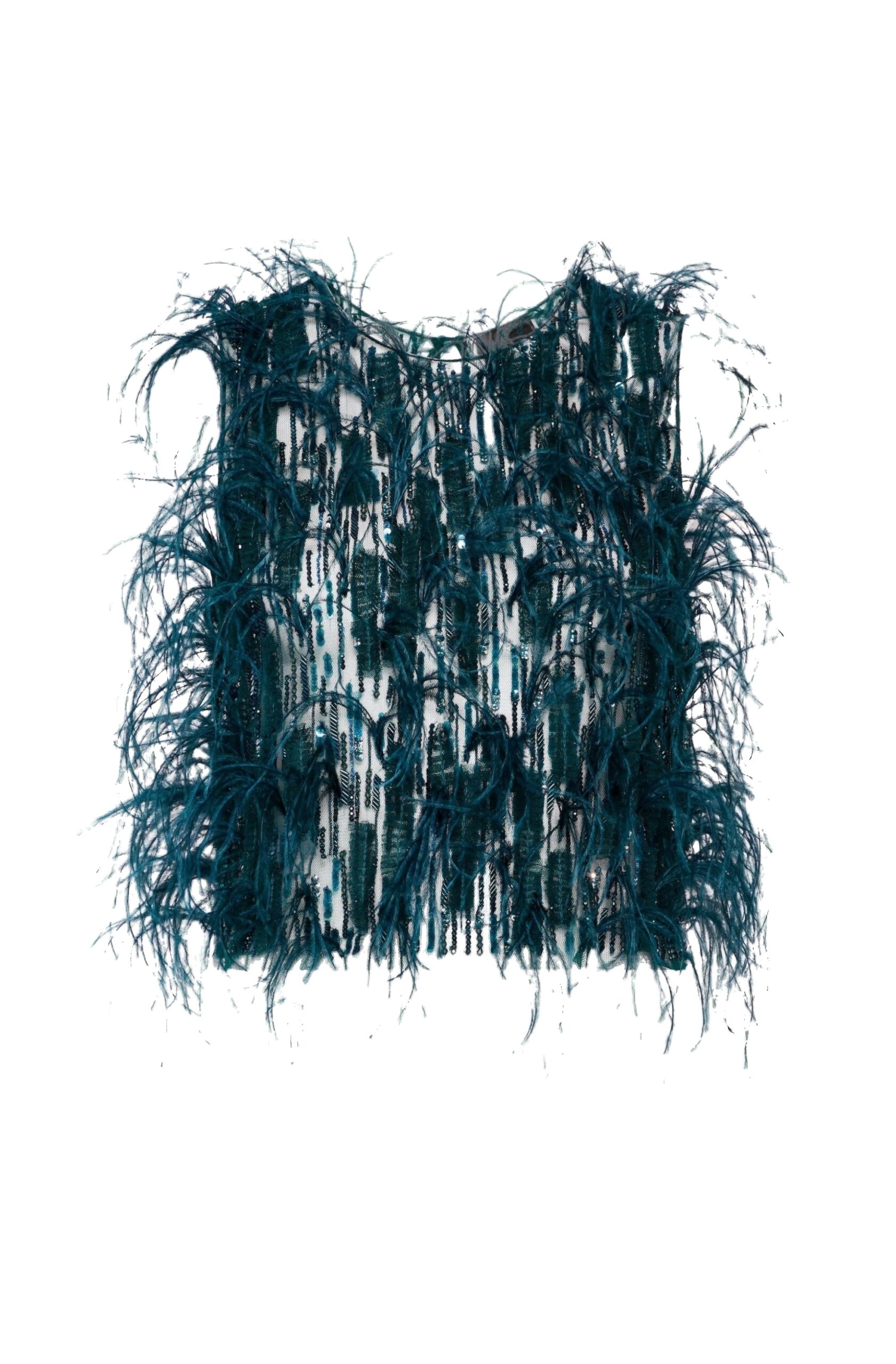 Cascading Feather Embellished Cropped Tank in Dark Teal