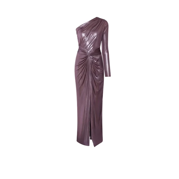 Coated Jersey One Shoulder Draped Maxi Dress in Dark Mauve
