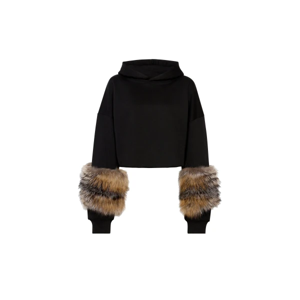 Cotton Sweatshirt With Fur in Black