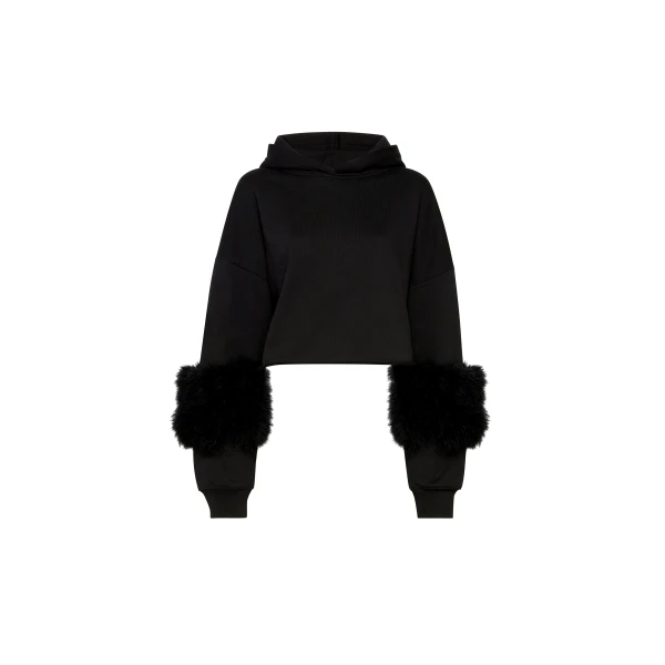 Cotton Sweatshirt With Marabou Feathers in Black