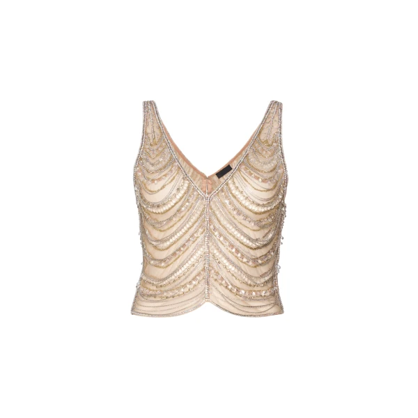 Draped Crystal Embroidery V Neck Tank in Silver