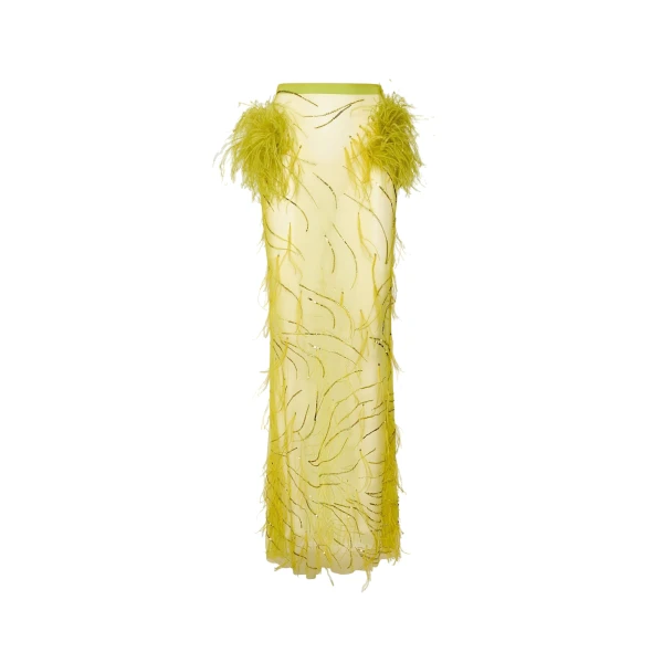Feather Embroidery Flare Skirt in Chartreuse