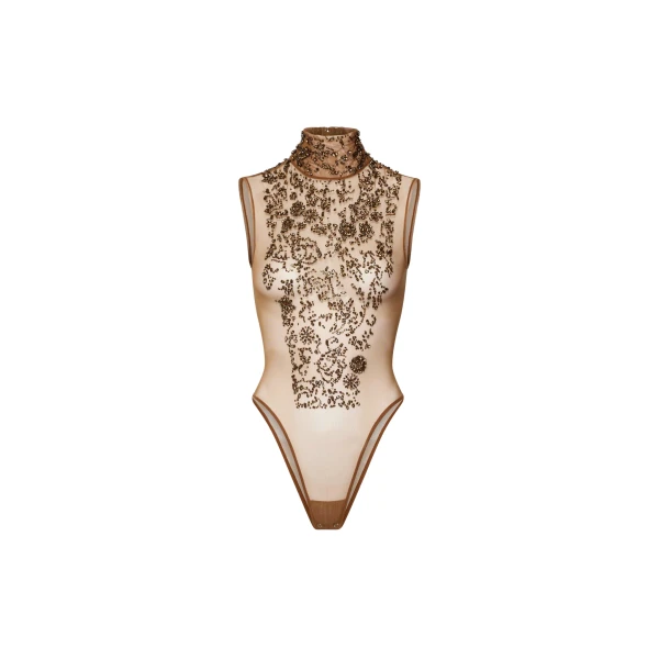 Flower Crystal Embroidery Sleeveless Mock Neck Bodysuit in Bronze