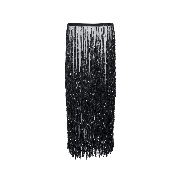 Fringe Sequin Pencil Skirt in Black