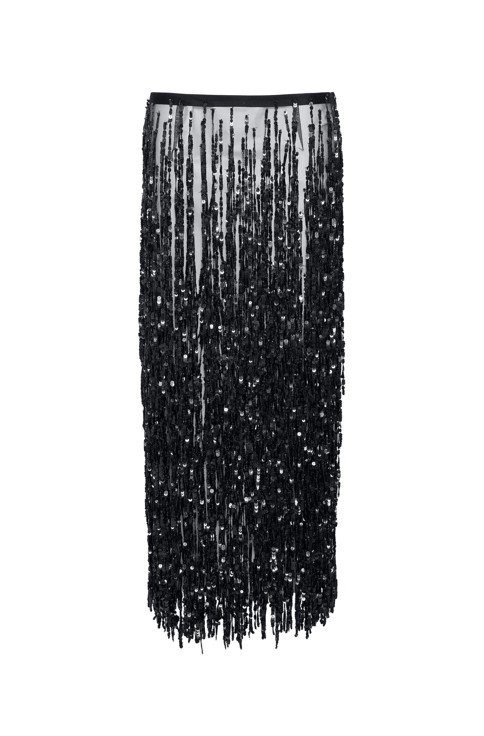 Fringe Sequin Pencil Skirt in Black