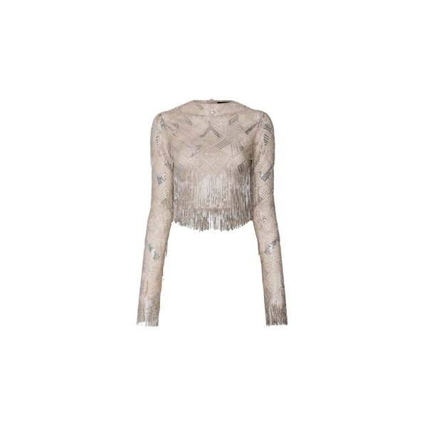 Geometric Crystal Fringe Cropped Top in Silver