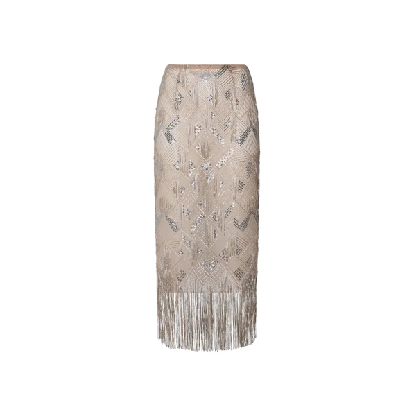 Geometric Crystal Fringe High Waist Skirt in Silver