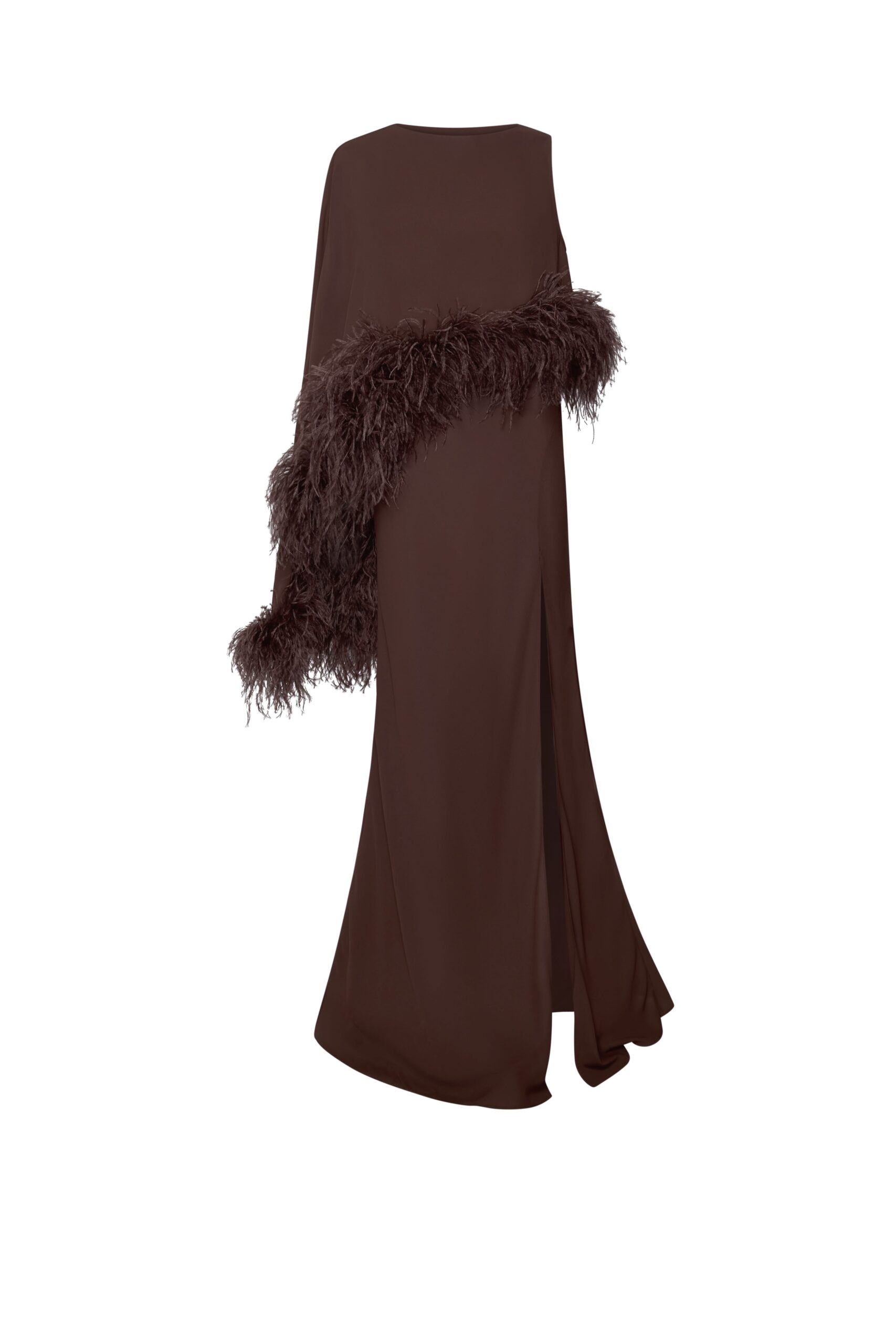 Georgette Asymmetric Draped Gown With Feathers in Chocolate