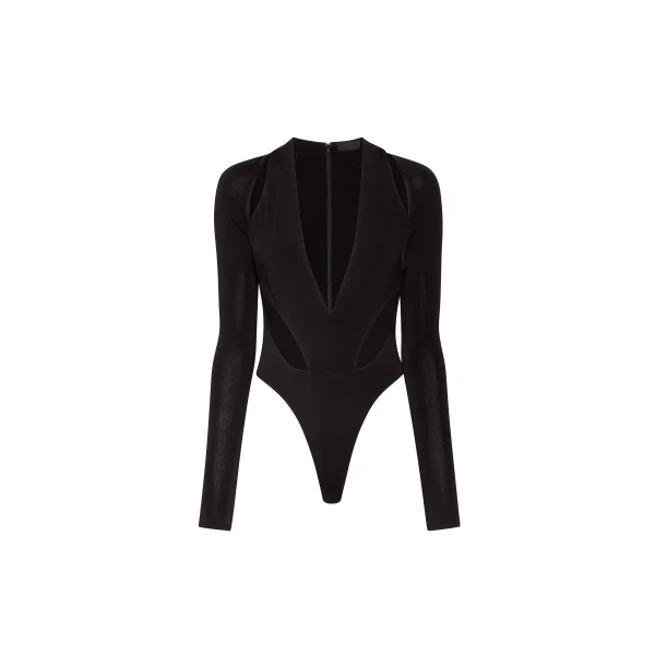 Jersey Cut Out V Neck Bodysuit in Black