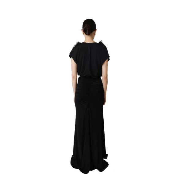 jersey v neck shirred gown with feathers