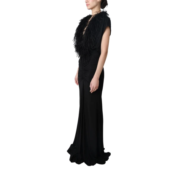 Jersey V Neck Shirred Gown With Feathers in Black