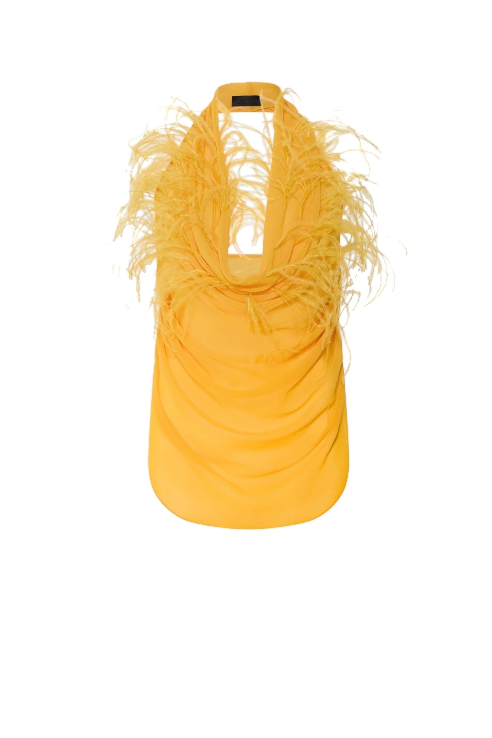 Lightweight Georgette Draped Cowl Neck Top With Feathers in Marigold