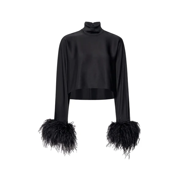 Lightweight Satin Caftan Top With Feathers in Black