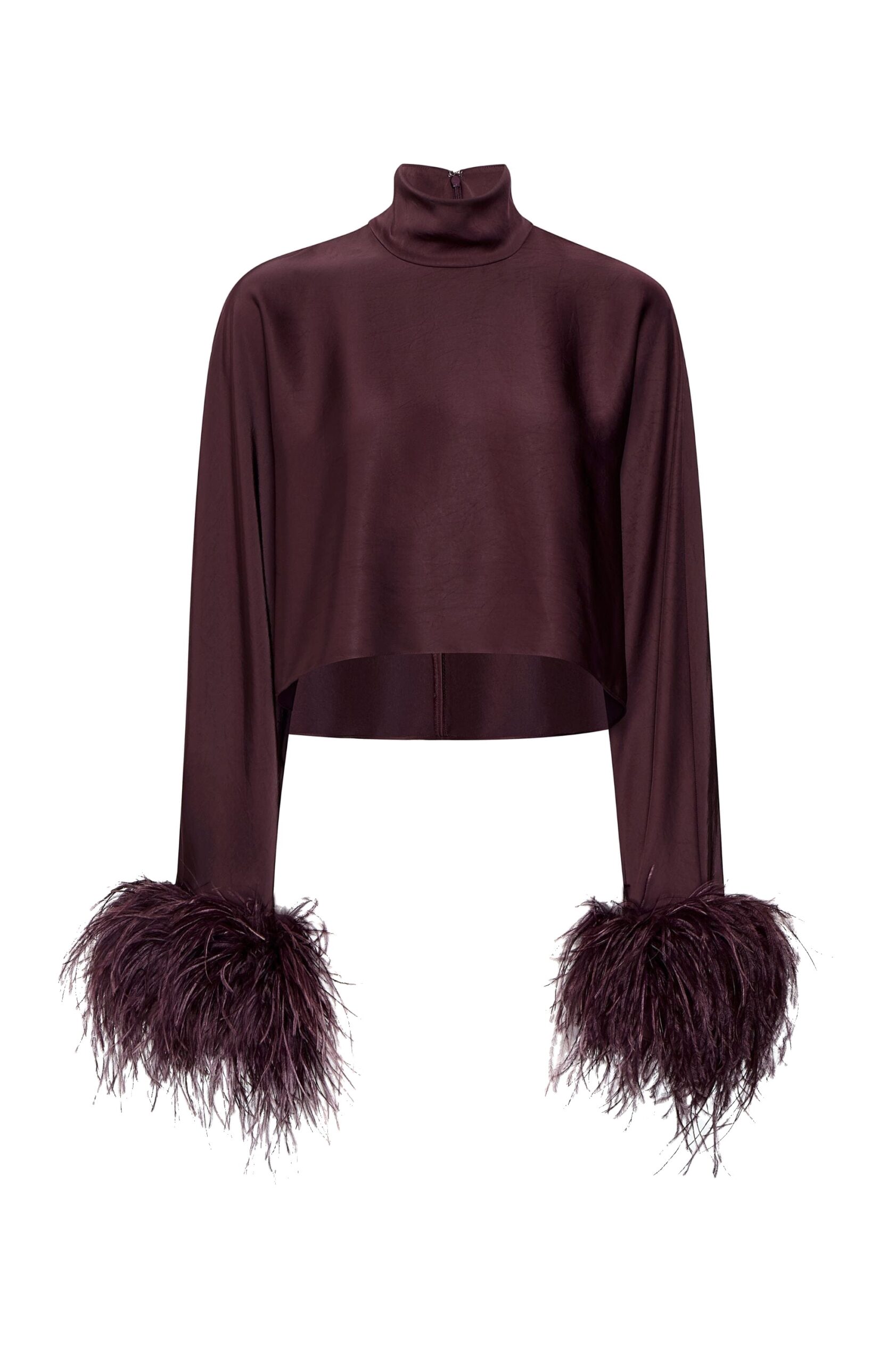 Lightweight Satin Caftan Top With Feathers in Mulberry