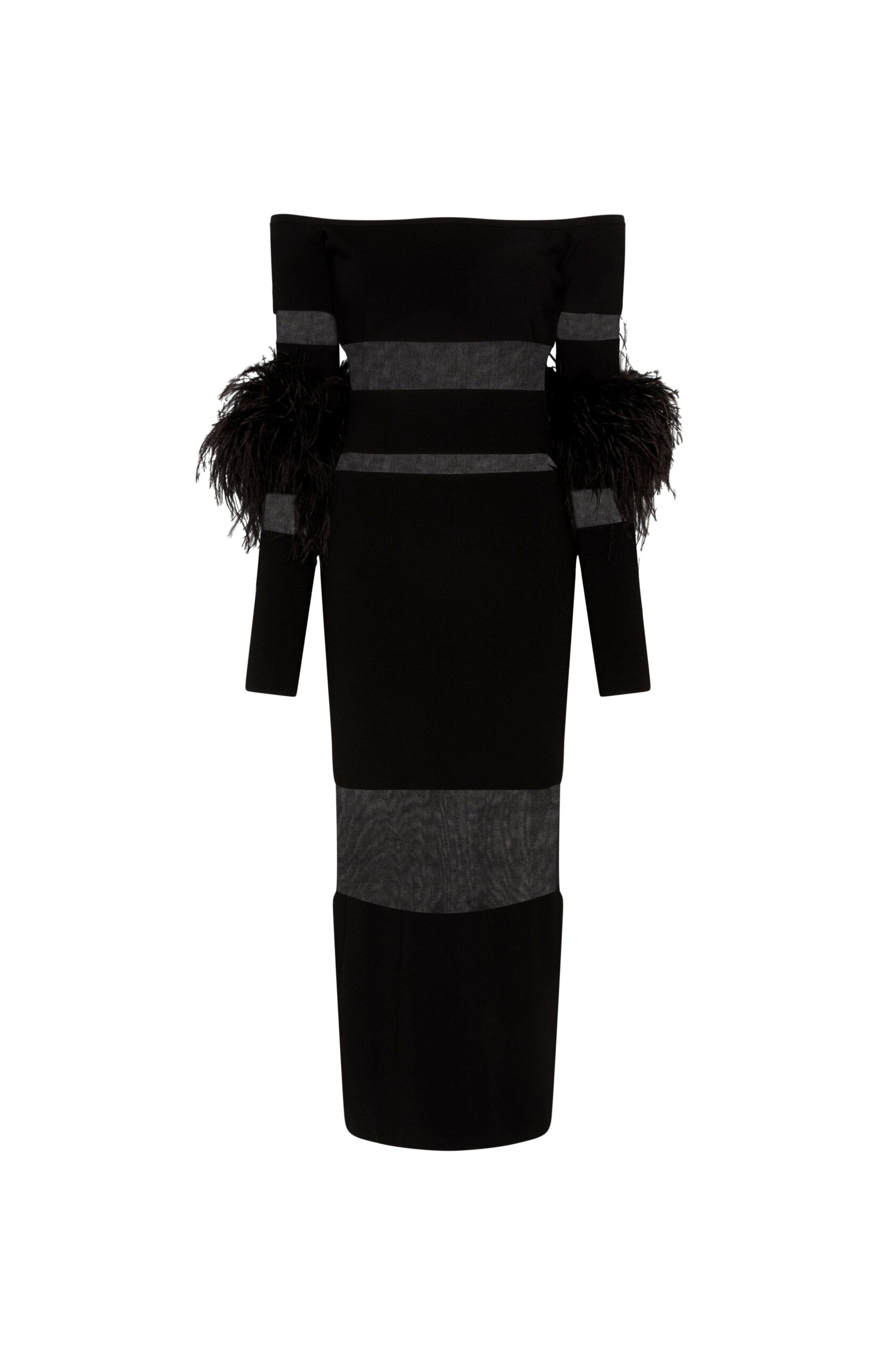 Matte Viscose Intarsia Dress With Feathers in Black