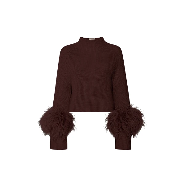 Merino Mock Neck Sweater With Feathers in Dark Brown