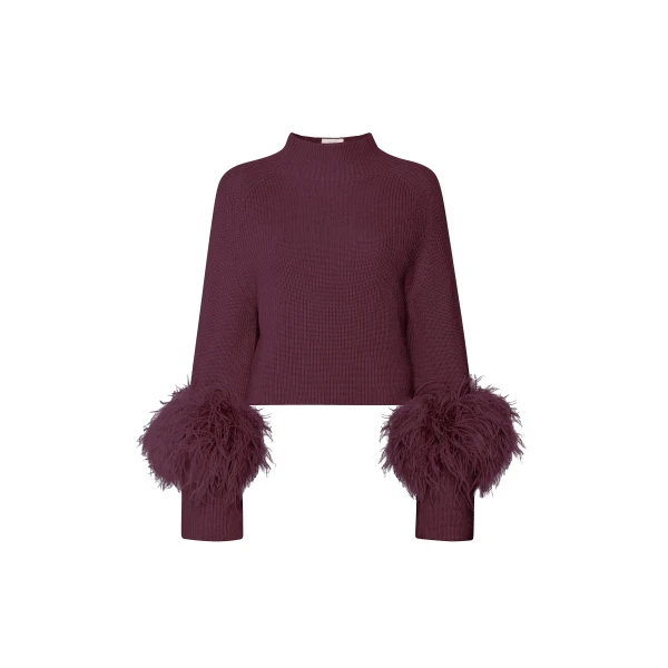 Merino Mock Neck Sweater With Feathers in Mulberry