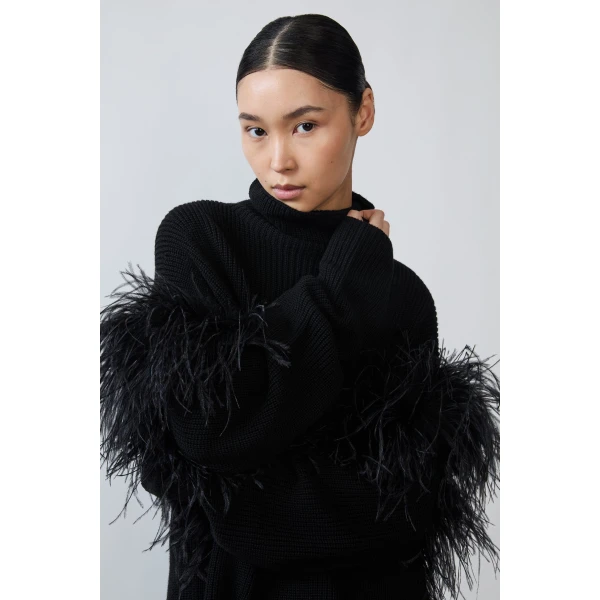 merino turtleneck sweater with feather trim