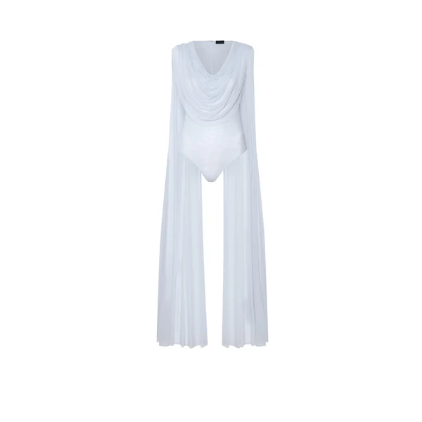 Mesh Cowl Neck Cape Bodysuit in Cloud
