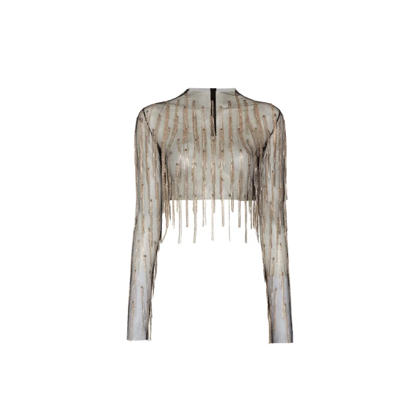 Mesh Diamond Fringe Cropped Top in Black