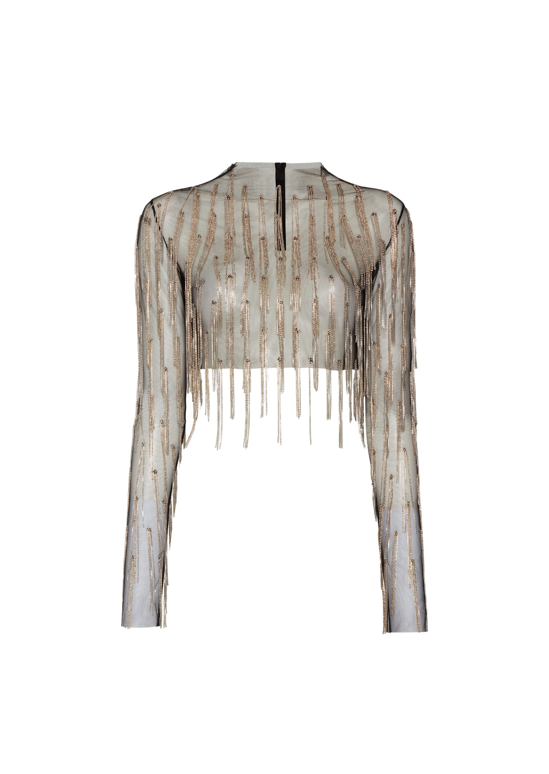 Mesh Diamond Fringe Cropped Top in Black