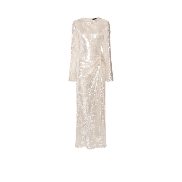 Mesh Sequin Longsleeve Gown With Side Tucks in Ecru