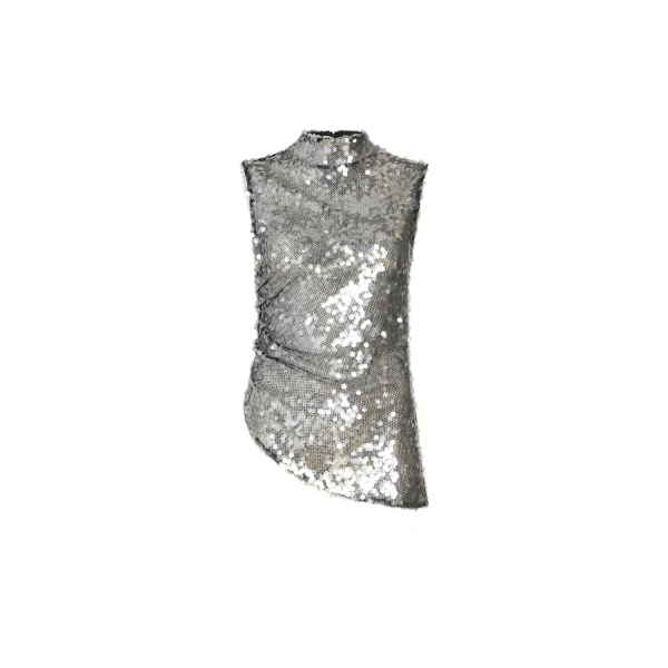 Mesh Sequin Mockneck Top With Pleats in Black