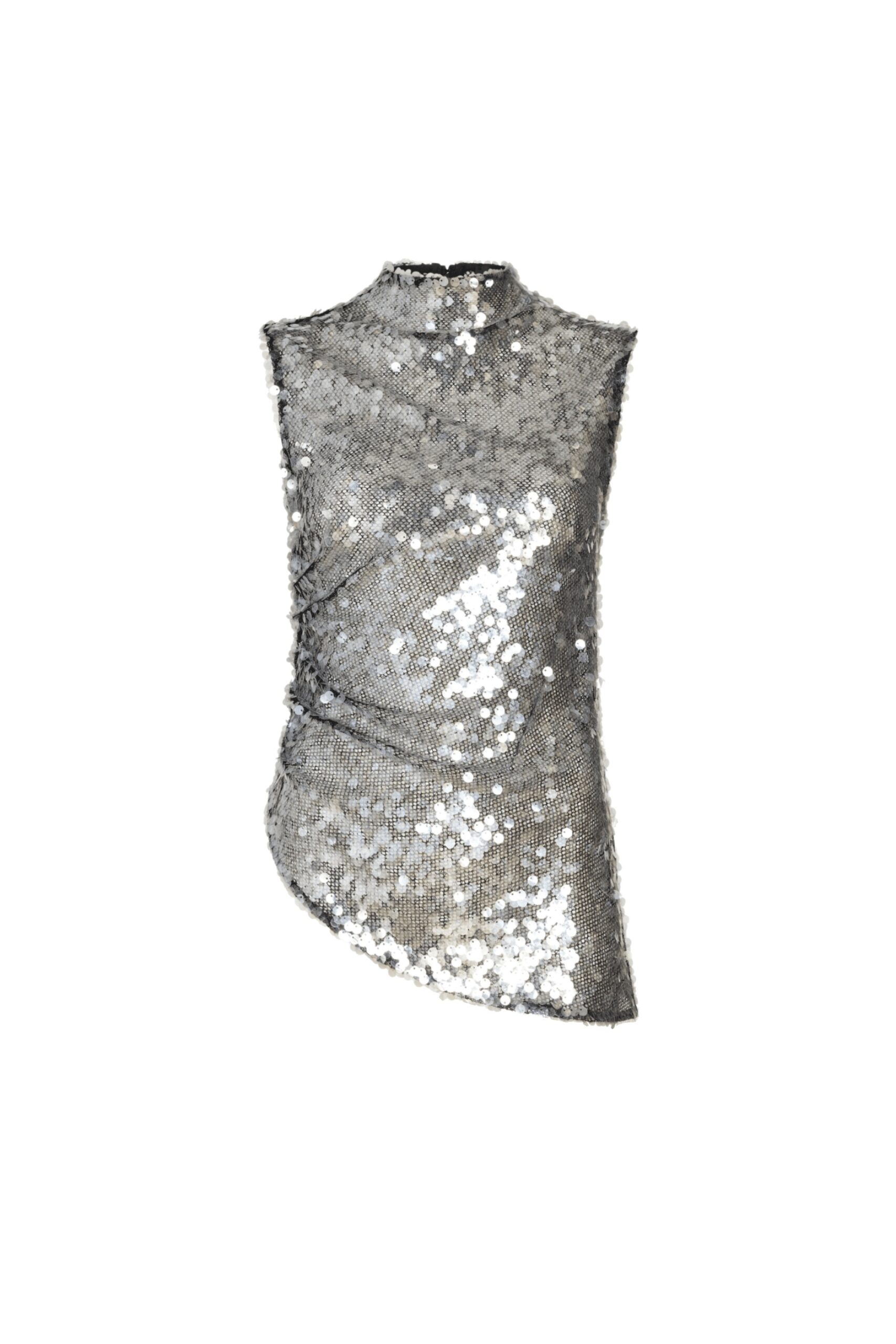Mesh Sequin Mockneck Top With Pleats in Black