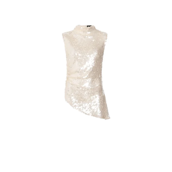 Mesh Sequin Mockneck Top With Pleats in Ecru