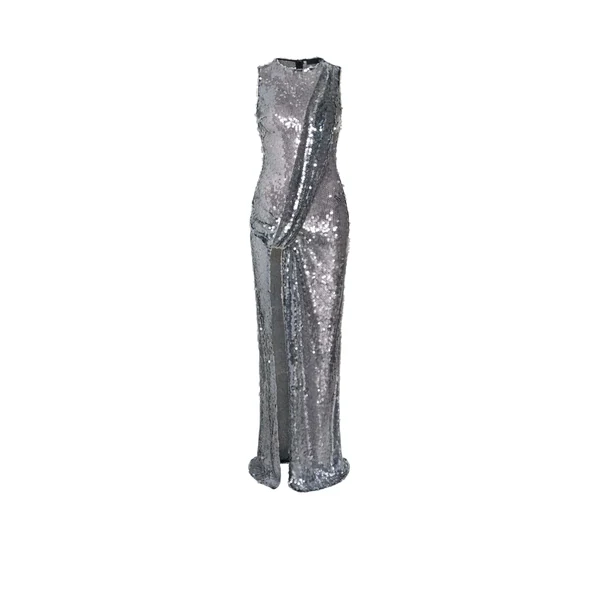 Mesh Sequin Sleeveless Gown With Sash in Black
