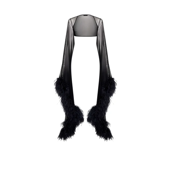 Mesh Shrug With Feathers in Black