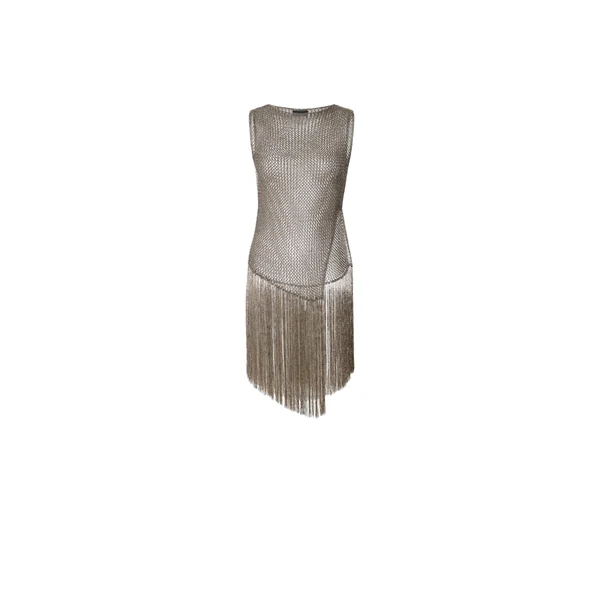 Metallic Netting Fringe Asymmetric Top in Gunmetal