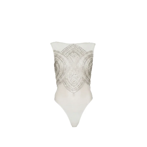Mosaic Crystal Embroidery Sleeveless Bodysuit in Cream