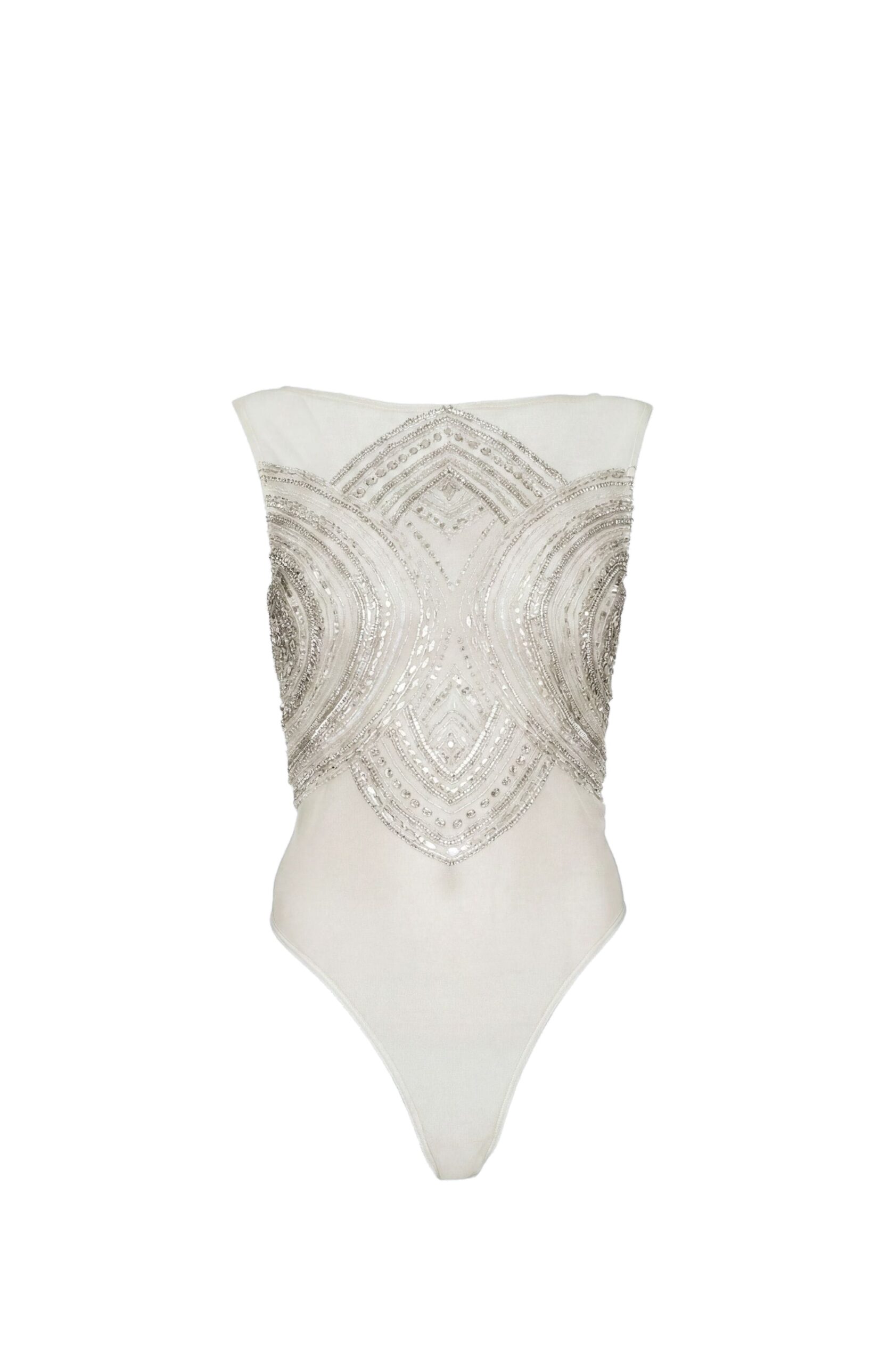 Mosaic Crystal Embroidery Sleeveless Bodysuit in Cream