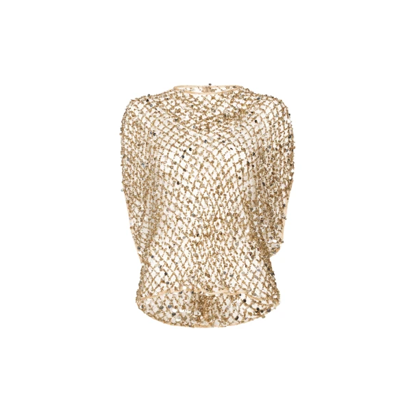 Net Mesh Sequin Cape Tee in Pale Gold